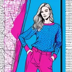 long-sleeve bright blue top with magenta polka dots image